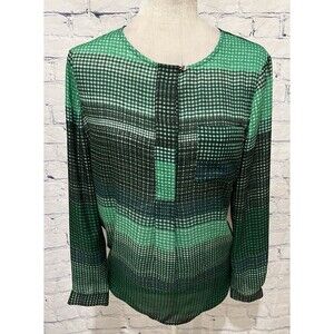 Liz Claiborne Women's Small Blouse Green & Black Plaid Long Sleeve Sheer Top